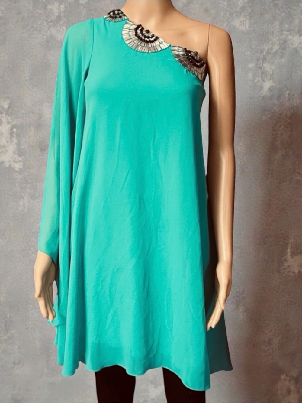 Bisou Bisou Teal One-Shoulder Dress with Beaded Accent